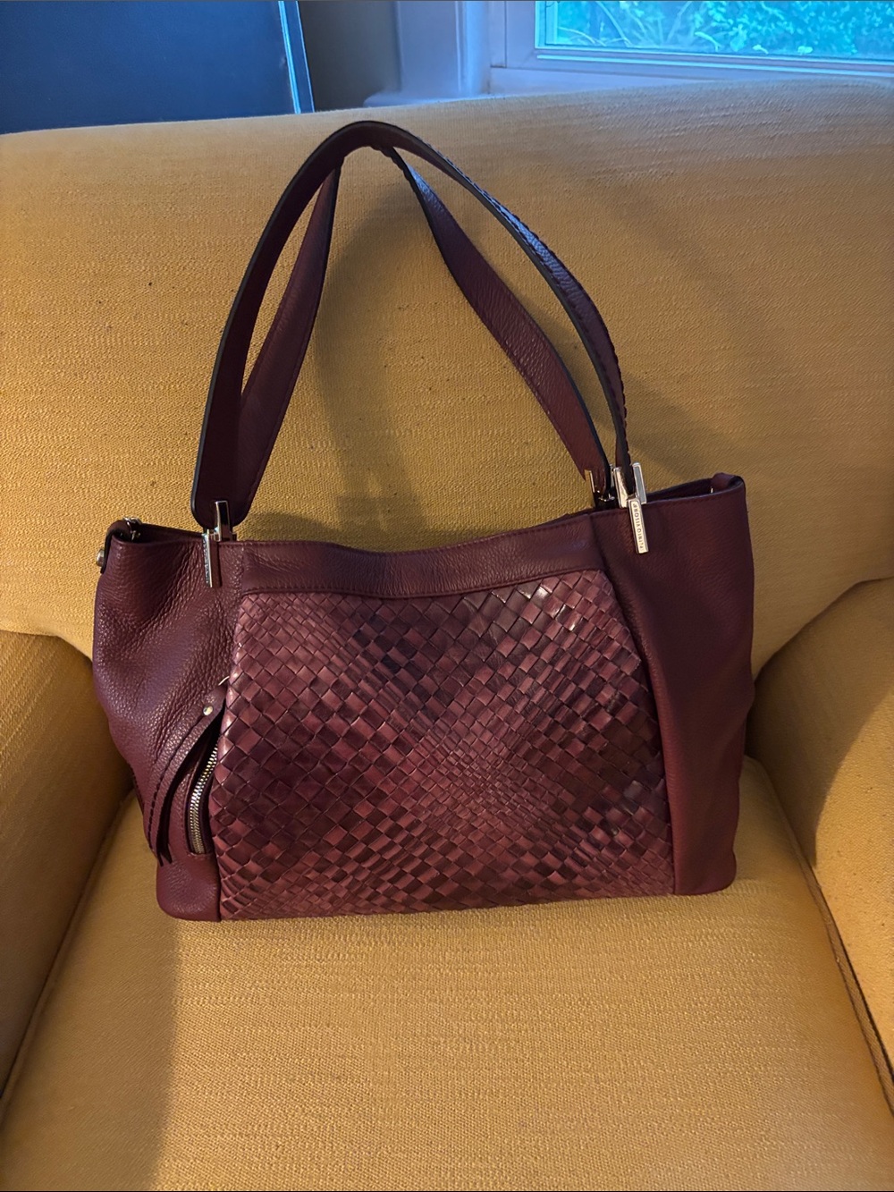 Italian Designer Plinio Visona Woven Leather Tote Bag in Burgundy - Women Bags